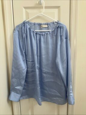 Tory Burch Light Blue & White Pinstripe Drawstring Neck Shirt